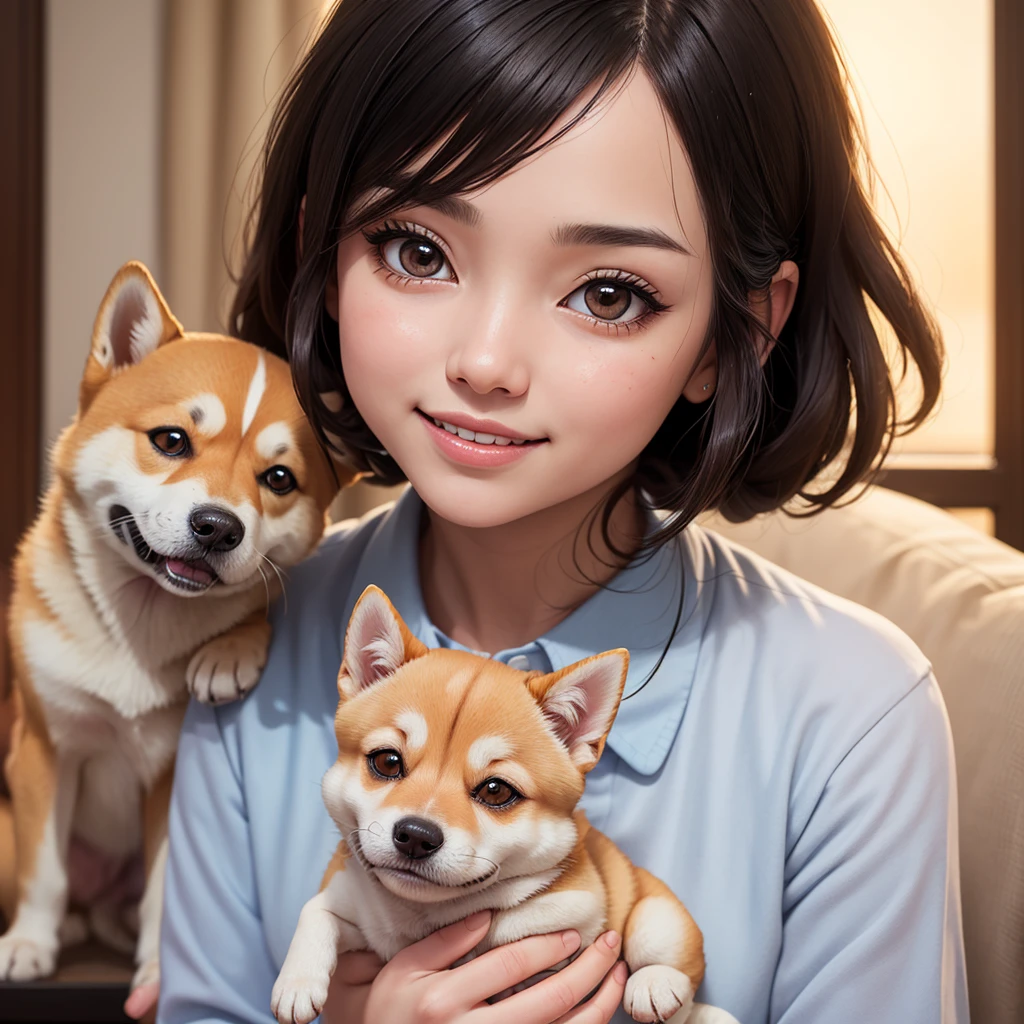 (Details of a very cute face), (Highest quality:1.4), 8k resolution, High resolution, One girl, cute , best cute, Super cute detailed face, Smooth Skin, Beautiful eyes in every detail, Official portraiture, Fine skin, Apply gloss to your lips, Lips parted, Japanese, Casual Fashion, Smile, wariza, Shiba Inu puppy, Holding a Shiba Inu puppy, Shiba Inu licks a girl's cheek