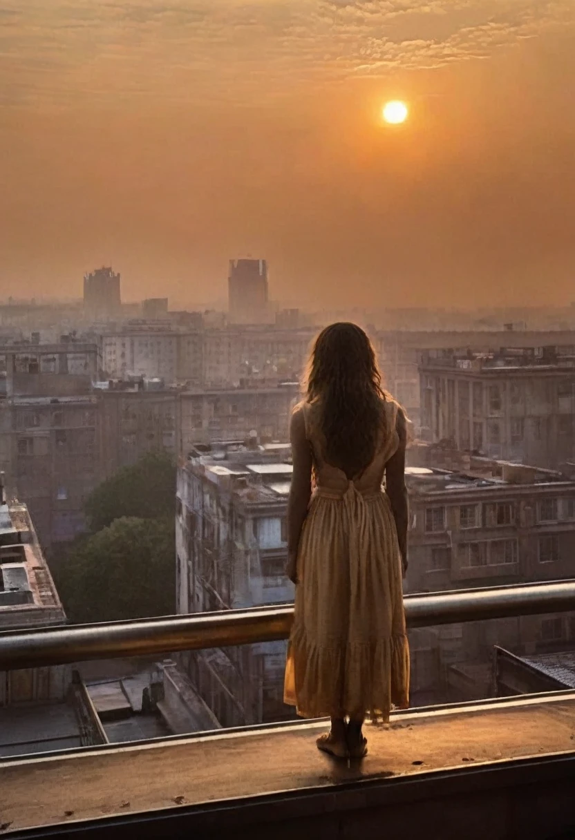 When the first rays of dawn begin to hit the city,  girl standing on rooftop, Gaze at the waking metropolis. Her face is illuminated by something soft, Gentle shades of the rising sun, Cast a warm glow on her features. The city below is still shrouded in the quiet silence before dawn, Softer streetlights, Amber glow on an empty street.