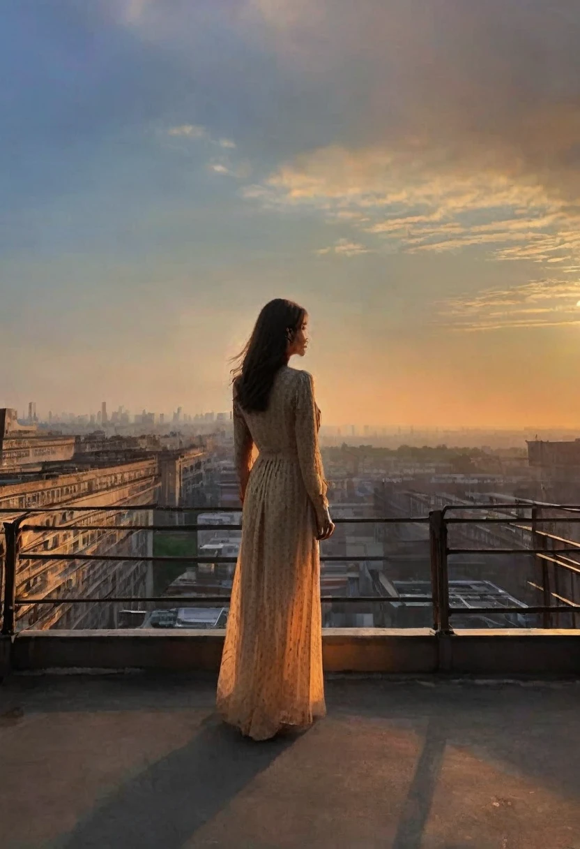 When the first rays of dawn begin to hit the city,  girl standing on rooftop, Gaze at the waking metropolis. Her face is illuminated by something soft, Gentle shades of the rising sun, Cast a warm glow on her features. The city below is still shrouded in the quiet silence before dawn, Softer streetlights, Amber glow on an empty street.