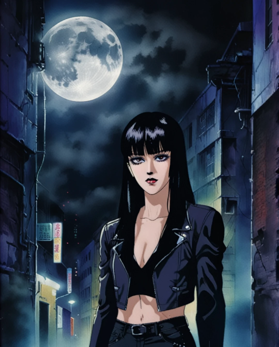 Masterpiece, photorealistic, highly detailed, a young woman with smooth  dark long black hair with bangs and black eyes and black lips, wearing leather jacket and leather pants, standing, looking at camera, in a gloomy smoke filled alley at night with a full moon, BREAK, Art style by Yoshiaki Kawajiri and Tsukasa Hojo and Toshihiro Kawamoto - -intricately detailed face - -80s and 90s anime still - -1980s retro anime - -1980s and 1990s anime retro nostalgia -highly detailed profile BREAK, ARISTYLE4, Soft Pastel -depth of field, Cinematic Angles, Dynamic angles, (((masterpiece))), perfect face, ((full body shot)),