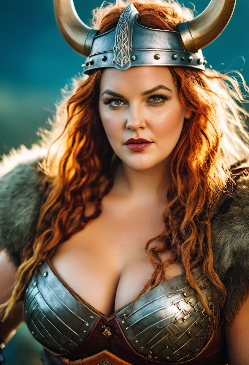 Looks like Drew Barrymore, A stunning intricate full color portrait of (sks woman:1) as (viking warrior), (barbarian), extremely seductive woman, busty outfit, perfect plus size Beauty, Barbarian warrior queen,  fluffy streax hair, styled hair, epic character composition, by ilya kuvshinov, alessio albi, nina masic, sharp focus, natural lighting, subsurface scattering, f2, 35mm, film grain, 