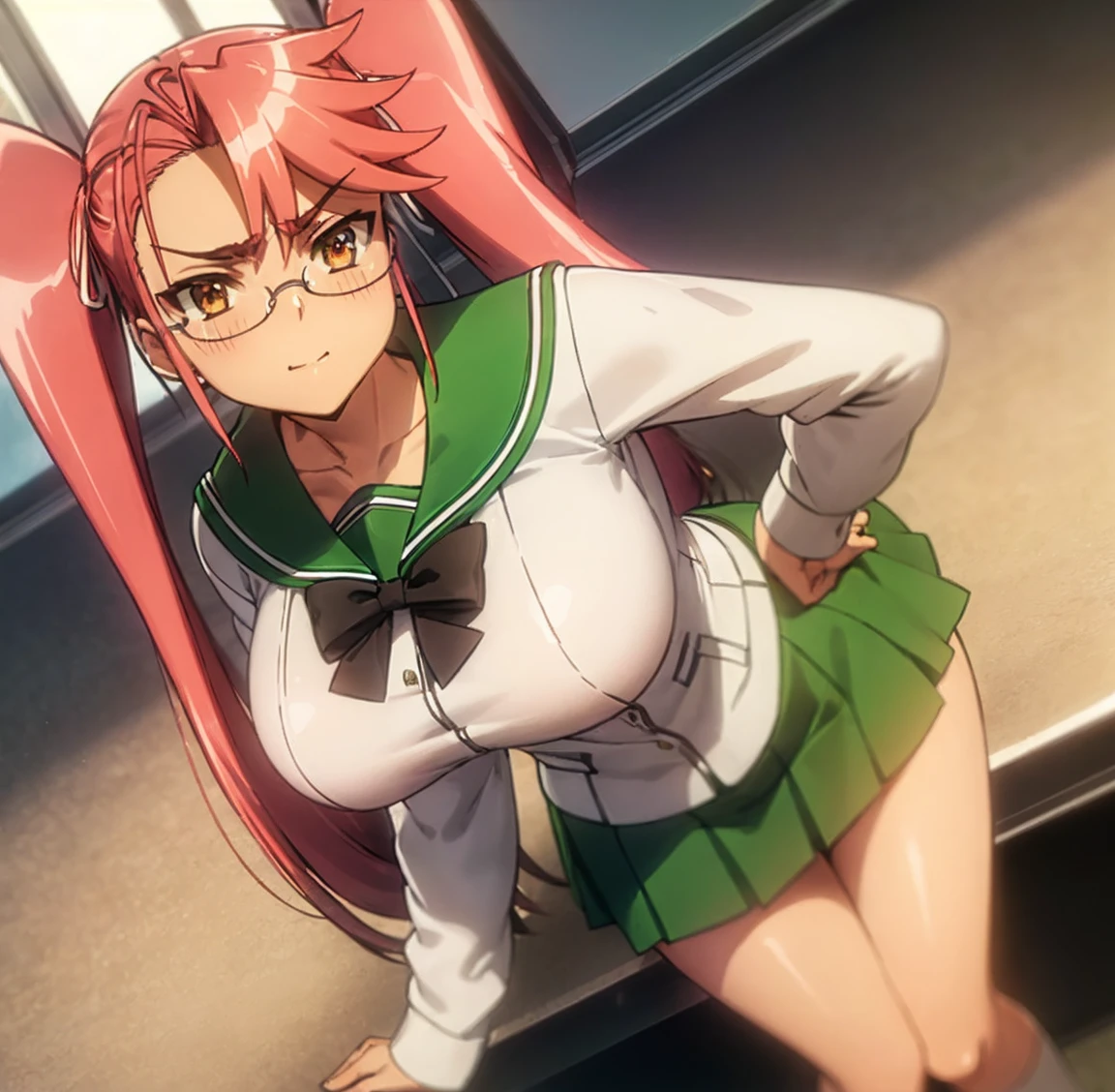 ((1girl)),((alone)),takagi saya,(masterpiece), (best quality), (ultra detailed), (best illustration), (best shadow), (absurdities), sharp focus, cowboy photo , looking at viewer, big breasts, narrow waist, wide hips, medium thighs, round butt, dynamic posture, pink hair, two pigtails, glasses, , green sailor collar, black bow tie, white shirt, long sleeves, pleated skirt, green skirt, short skirt, black calf-length stockings, brown loafers , long hair, skirt, serafuku, brown eyes, ribbon, yellow eyes, seductive smile, closed mouth, (sexy pose: 1.2), solo, standing: 1.3, interior, school, classroom, seats, desk, window, sunset, looking forward ((focus on breasts)), point of view (from above), red blush, perfect anatomy, perfect hands