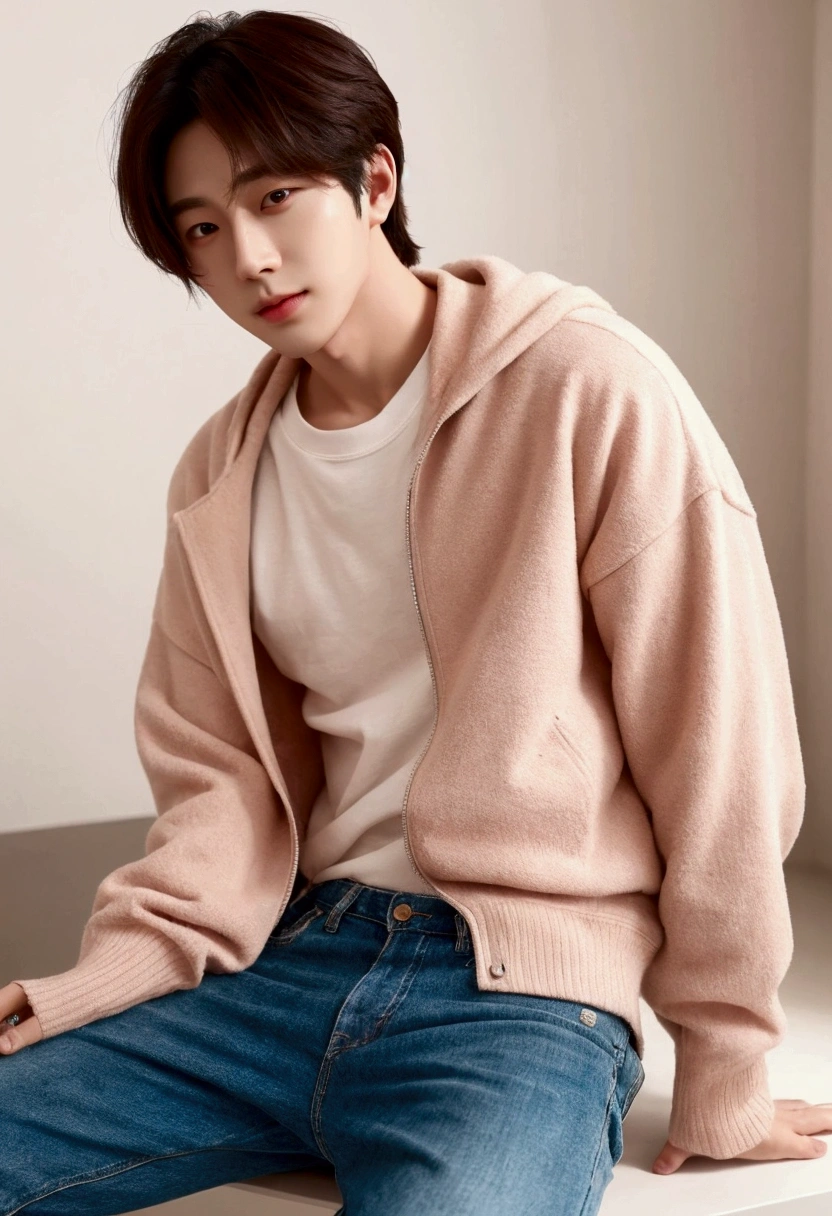 Realistic portrait, kpop male artist, instagram
Kim Jinwoo (진우)
Height: 178 cm (5'10")
Weight: 65 kg (143 lbs)
Build: Jinwoo has a lean and athletic build. His well-toned muscles are the result of rigorous dance practice and regular workouts, giving him a balanced and fit physique.
Face:
Skin Tone: Fair, with a smooth and clear complexion that adds to his boyish charm.
Face Shape: Jinwoo has a heart-shaped face with a defined jawline and high cheekbones, which enhance his overall attractiveness.
Eyes: His eyes are large and expressive, with a slight almond shape. He often accentuates them with subtle eyeliner, making them appear even more captivating. His eye color is a deep, warm brown that can appear almost black in certain lighting.
Eyebrows: His eyebrows are naturally arched and well-groomed, adding to his refined and polished look.
Nose: Jinwoo has a straight and slightly narrow nose that complements his facial features.
Lips: His lips are full and well-defined, often highlighted with a natural pink tint. His smile is warm and inviting, capable of melting hearts instantly.
Hair: Jinwoo's hair is versatile and frequently changes in style and color. It is naturally soft and thick, allowing for various trendy hairstyles. He often experiments with colors ranging from natural shades like dark brown and chestnut to bold hues like platinum blonde or deep blue. His go-to styles include tousled, wavy looks for a cute and casual vibe and slicked-back or slightly messy styles for a sexier appeal.
Fashion Style: Jinwoo's wardrobe is a blend of cute and sexy. He favors oversized hoodies, graphic tees, and ripped jeans for a laid-back, adorable look. For a more sultry and sophisticated appearance, he opts for fitted shirts, leather jackets, tailored pants, and occasionally suits. His outfits are always on-trend, showcasing his keen fashion sense.
Accessories: Jinwoo enhances his looks with minimalistic yet stylish accessories.He often wears small hoop or stud earring