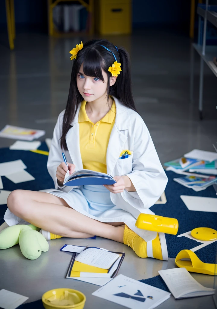 Girl, dark hair, blue eyes, flower hairpin, white lab coat, yellow shirt, blue skirt, black shoes, white socks, dark blue calculus book,writing,studying on the floor, half dark room