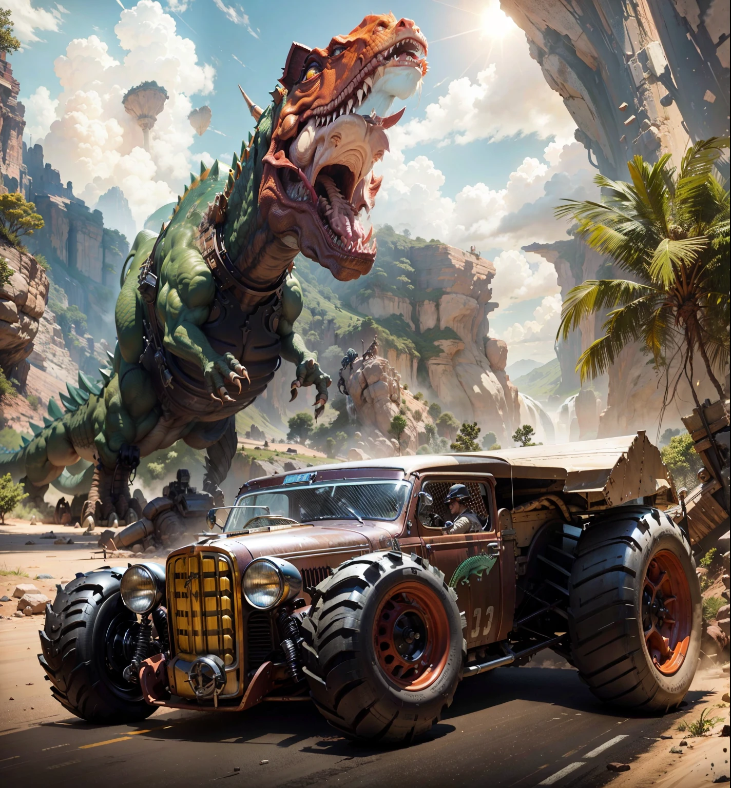 there is an armed hot rod car with a dinosaur on the back, inspired by James Gurney, anime art vehicle concept art, james gurney painting style, car concept art, 8 k high detail concept art, by Craig Thompson, concept art digital illustration, highly realistic concept art, concept art 8 k, concept art h 8 0 0, inspired by Rudy Siswanto