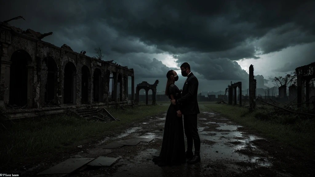 Create a dark, apocalyptic scene featuring two shadowy figures in black outfits and masks, wandering through the ruins of an abandoned city. The moonlight filters through the dark, stormy clouds, casting eerie shadows on the ground. Overgrown vegetation and crumbling buildings surround them. The figures are reaching out to each other but remain apart, emphasizing their longing and separation. The atmosphere is melancholic and mysterious, with a sense of loss and nostalgia.8k