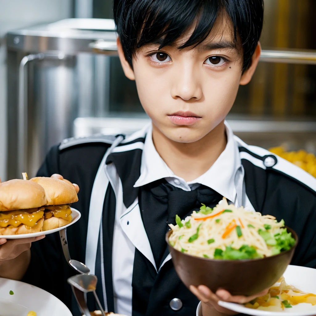 Black Hair, Slanted Eyes, Food, mash,One boy, Gaze,uniform