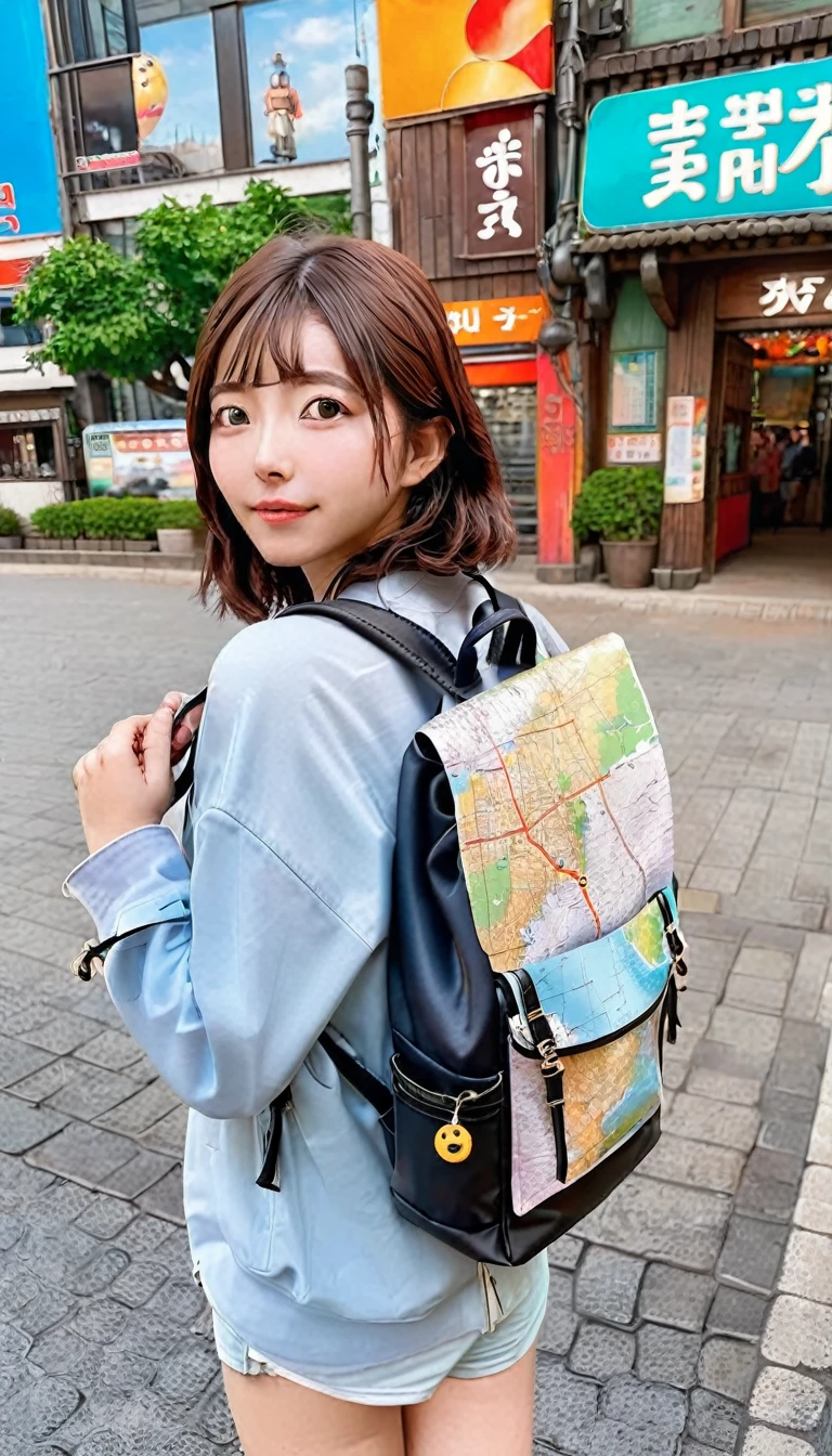 korean girl holding map in hand standing on Seoul city street , backpack bag on back like dora the explore type , vibrant image , realistic 