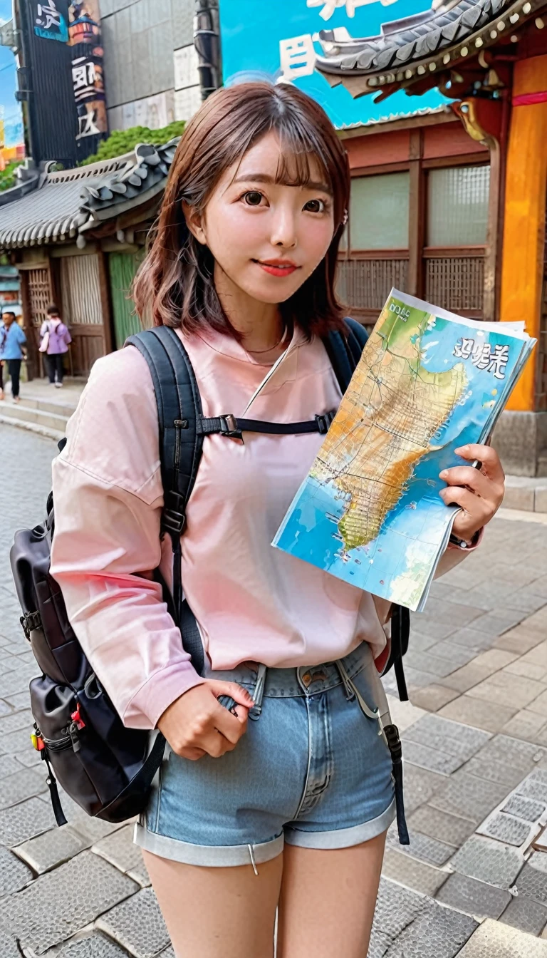 korean girl holding map in hand standing on Seoul city street , backpack bag on back like dora the explore type , vibrant image , realistic 