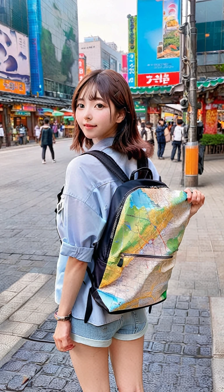 korean girl holding map in hand standing on Seoul city street , backpack bag on back like dora the explore type , vibrant image , realistic 