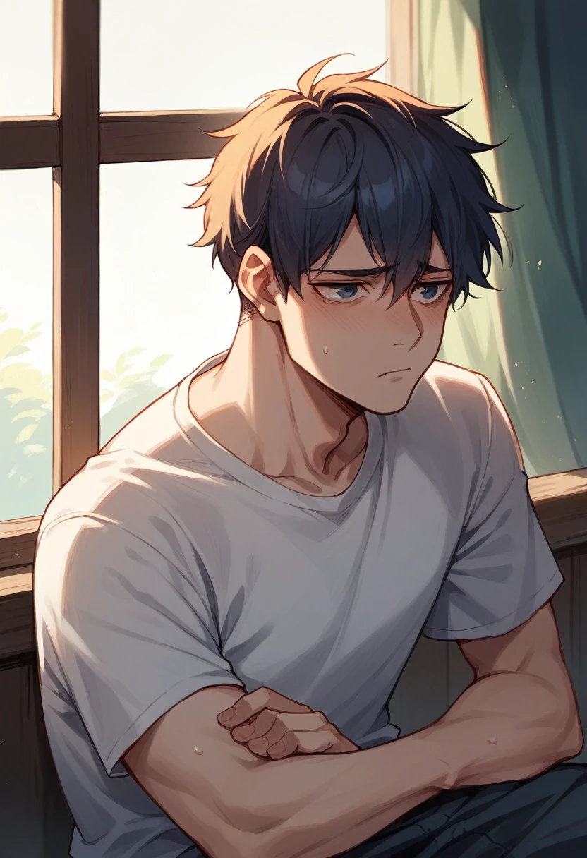 Sad boy looking at the window at night