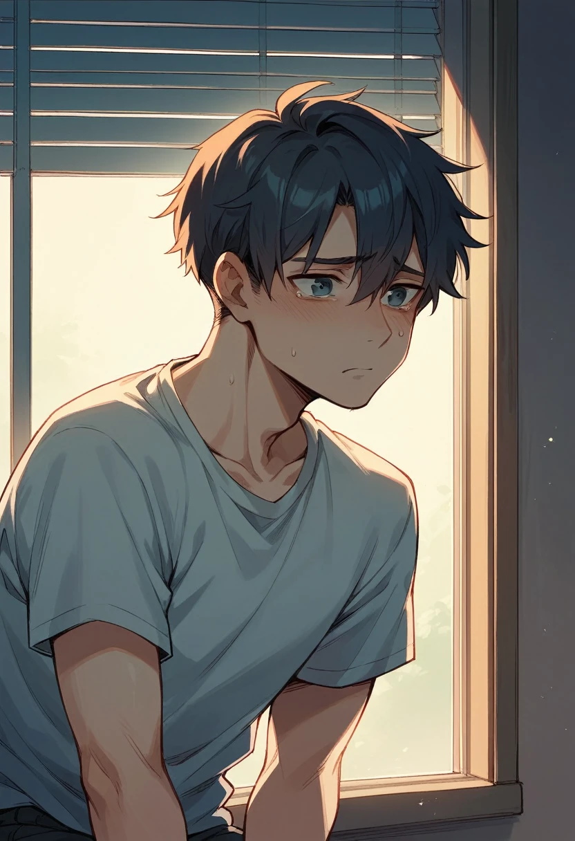 Sad boy looking at the window at night