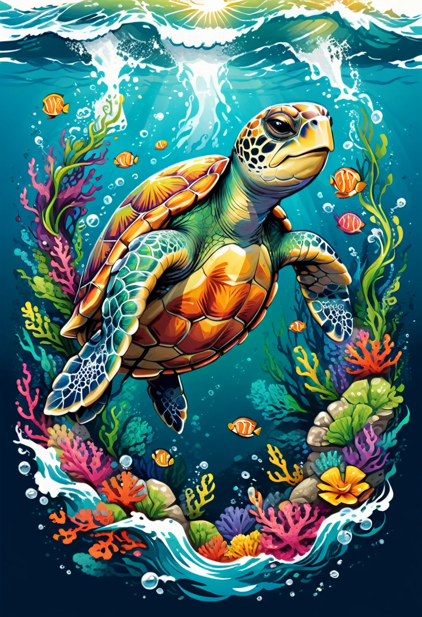 t-shirt designs, vectorial art, colorful illustration of a smiling turtle, At the center, swirly vibrant colors, sea waves, air bubbles, seaweed, Buzios, high détail, White background, t shirt design.
(Artwork, best quality, proffesional, perfect composition, very aesthetic, absurdrez, super verbose, Intricate details:1.3)