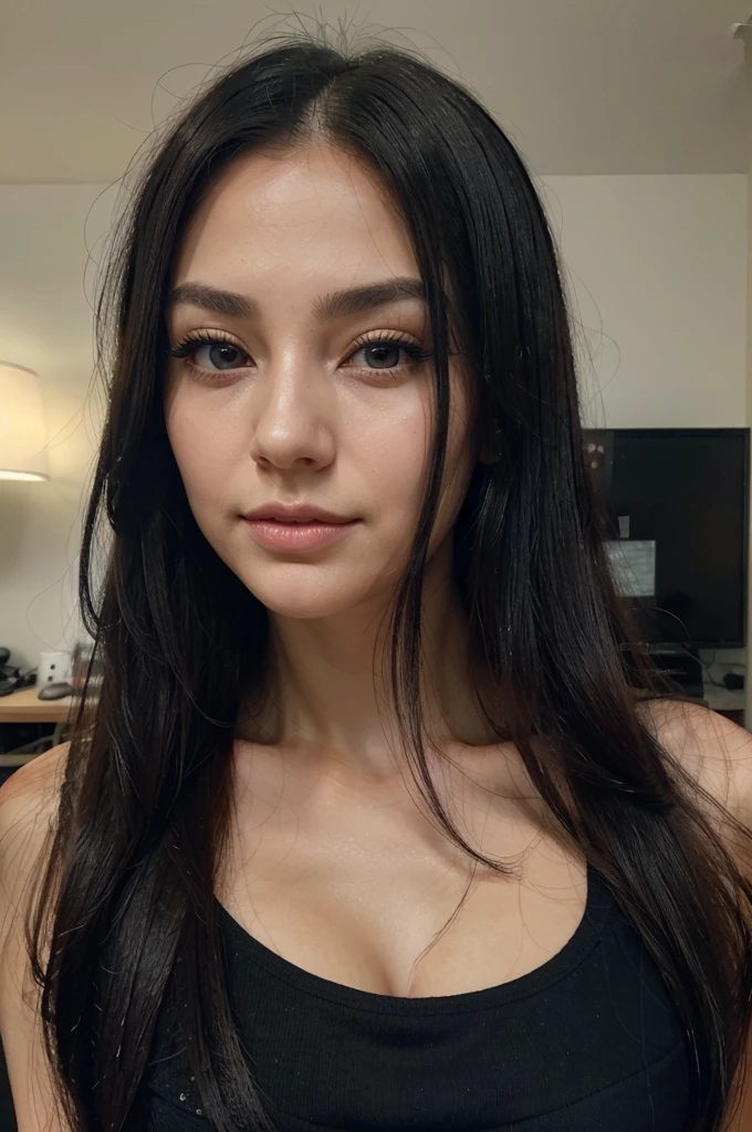 A girl with long blue hair. Her face is exquisite, with high cheekbones and smooth fair skin. Her large black eyes, framed by long thick eyelashes, are impressive and expressive, radiating calmness and confidence. Well-defined eyebrows curve gracefully above her eyes, adding intensity to her gaze. She has a small, straight nose and full, slightly parted lips that curve into a slight smile, revealing hints of mischief and allure. Her sharp, well-defined jawline gives her face a refined and elegant appearance. High quality, 8K Ultra HD, masterpiece, realistic photo, wash technique, colorful, pale touch, smudged outline, like a fairy tale, soft touch, awesome full sharp colors, summer sky, detailed clouds, front view of Japanese, straight black hair, office attire, formal dressing,