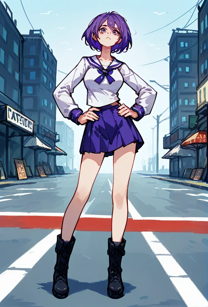 Masterpiece, best quality, high resolution, 1 woman , straight purple hair , Bob , conjunctivitis , A cold expression , sailor shirt , short skirt , boots, Long legs , full body , abdomen , big breasts , Put your hands on your hips... , roadside