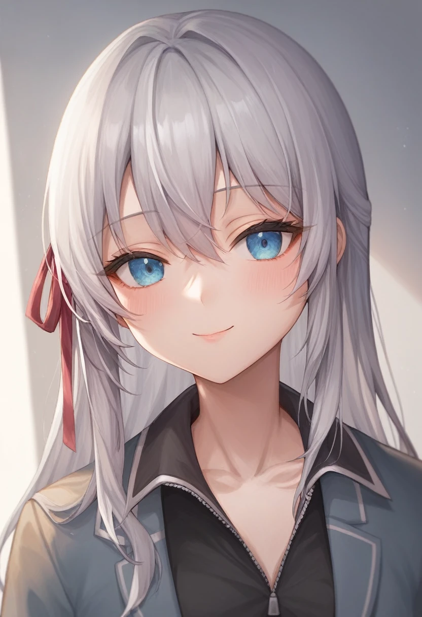 One girl, Alisa Mikhailovna Kujo,Tomorrow, my friend, Arya-san, will be visiting Russia.,alone, Long Hair, Eyebrows visible through hair, Hair between the eyes, Silver Hair, Hair Ribbon, blue eyes, Medium chest, ,Long sleeve, Jacket,
View your viewers, Upper Body, Dutch Angle,Mouth closed, Close one eye, A light smile,
Highest quality, so beautiful, Absurd,