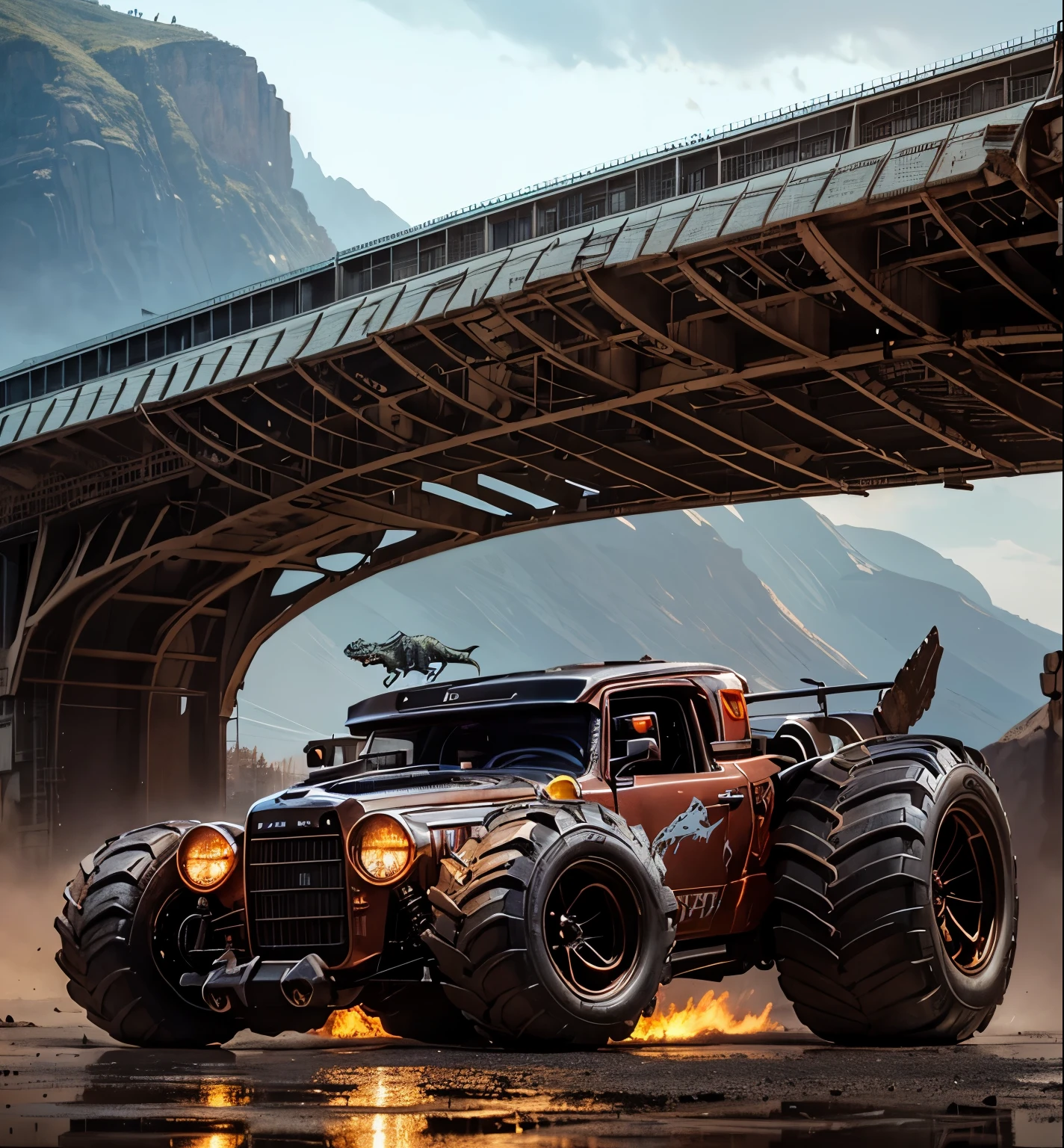 there is an armed hot rod car with a dinosaur on the back, inspired by James Gurney, anime art vehicle concept art, james gurney painting style, car concept art, 8 k high detail concept art, by Craig Thompson, concept art digital illustration, highly realistic concept art, concept art 8 k, concept art h 8 0 0, inspired by Rudy Siswanto