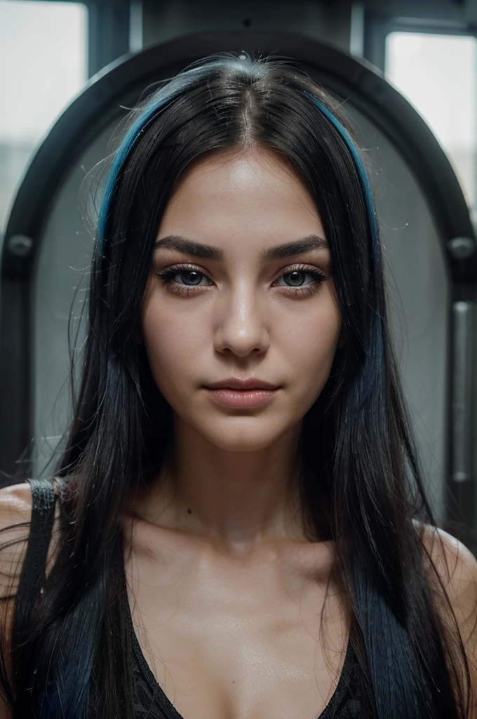 A girl with long blue hair. Her face is exquisite, with high cheekbones and smooth fair skin. Her large black eyes, framed by long thick eyelashes, are impressive and expressive, radiating calmness and confidence. Well-defined eyebrows curve gracefully above her eyes, adding intensity to her gaze. She has a small, straight nose and full, slightly parted lips that curve into a slight smile, revealing hints of mischief and allure. Her sharp, well-defined jawline gives her face a refined and elegant appearance. cyberpunk style, of a person in urban floral wear, with a cloud as a head, photorealistic, volumetric lighting, 8k, highly detailed
