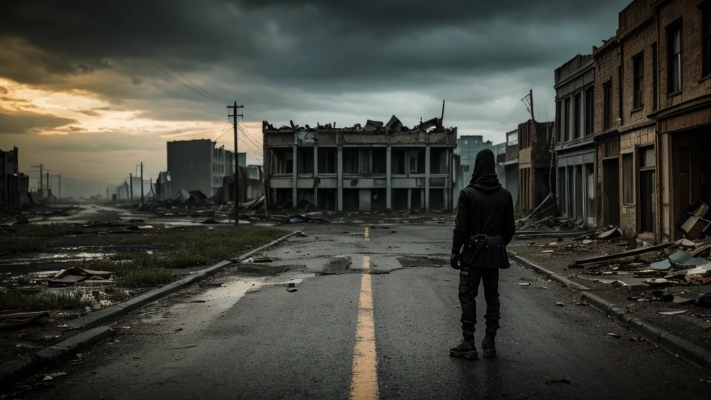 Depict a desolate, post-apocalyptic town under a dark, cloudy sky. A lone figure in a black outfit and mask stands in the middle of a cracked, abandoned street, looking up at the remnants of buildings. The scene is filled with overgrown weeds and debris. Faint, ghostly images of happy memories blend into the ruins, creating a haunting sense of nostalgia and lost time. The atmosphere is eerie and reflective.8k