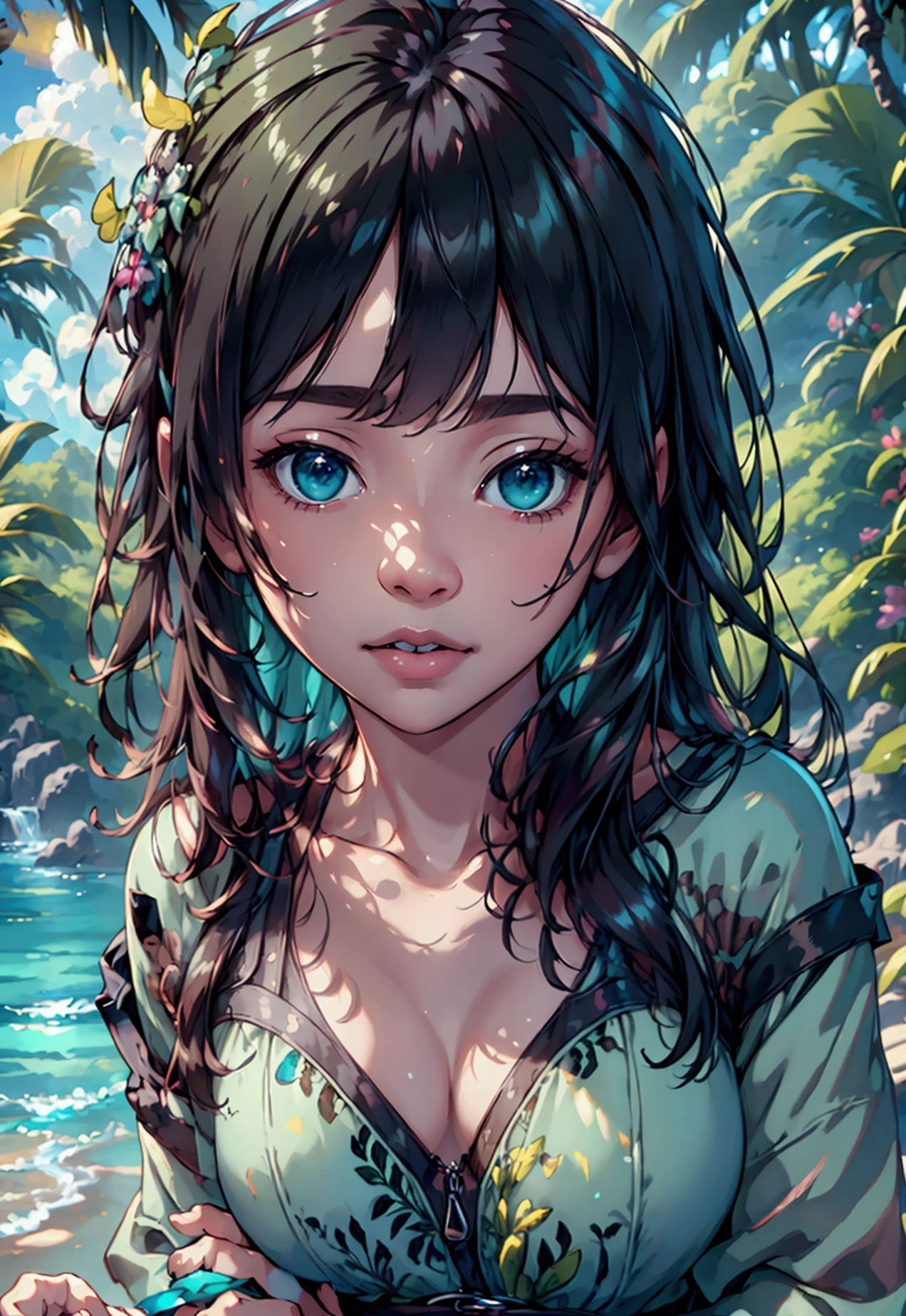 Anime girl with long dark blue hair and turquoise eyes, slender and athletic body type,Her physique is lean and toned,wearing an elegant dress