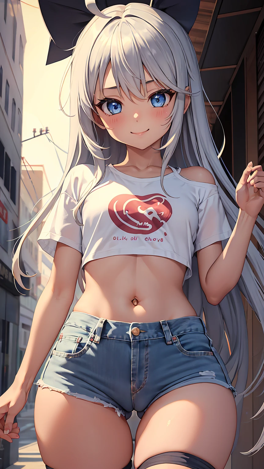 1girl, anime girl, anime, (tanned skin), 2d girl, y, (fullbody), walking, anime girl, blue eyes, seductive smile, (ahoge, long hair, silver hair), ruffled t-shirt, Solo, Slim, flat chest, Tight Shorts, low waist shorts, upshorts, City background, low light, moon, looking at viewer, (((explicit))), (((shorts))), (((absurdres))), (((thigh gap))), cameltoe, (((cameltoe))), (((cleft of venus))), (((lowleg shorts))),