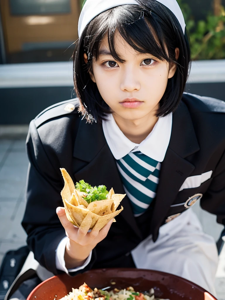 Black Hair, Slanted Eyes, Food, mash,One high school boy, Gaze,uniform
