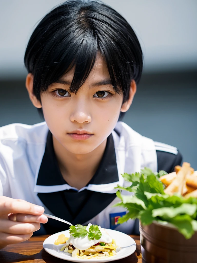 Black Hair, Slanted Eyes, Food, mash,One high school boy, Gaze,uniform