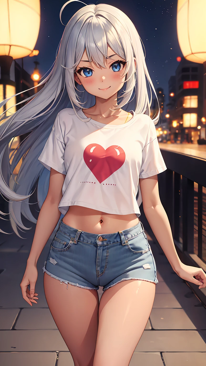 1girl, anime girl, anime, (tanned skin), 2d girl, 16y, (fullbody), walking, anime girl, blue eyes, seductive smile, (ahoge, long hair, silver hair), ruffled t-shirt, Solo, Slim, flat chest, Tight Shorts, low waist shorts, upshorts, City background, low light, moon, looking at viewer, (((explicit))), (((shorts))), (((absurdres))), (((thigh gap))), cameltoe, (((cameltoe))), (((cleft of venus))), (((lowleg shorts))),