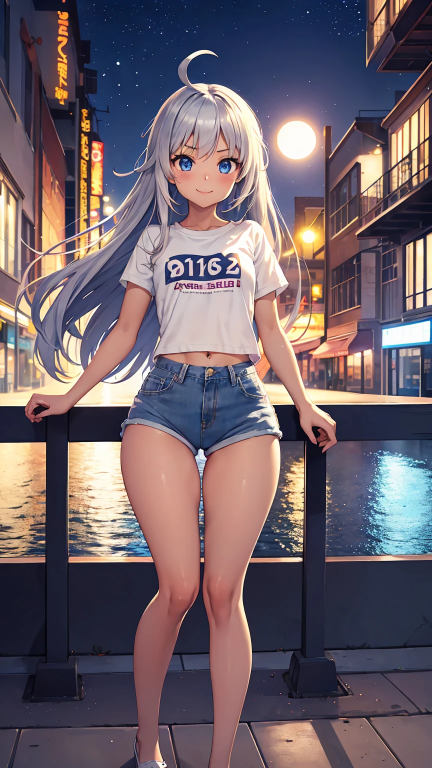 1girl, anime girl, anime, (tanned skin), 2d girl, 16y, (fullbody), walking, anime girl, blue eyes, seductive smile, (ahoge, long hair, silver hair), ruffled t-shirt, Solo, Slim, flat chest, Tight Shorts, low waist shorts, upshorts, City background, low light, moon, looking at viewer, (((explicit))), (((shorts))), (((absurdres))), (((thigh gap))), cameltoe, (((cameltoe))), (((cleft of venus))), (((lowleg shorts))),