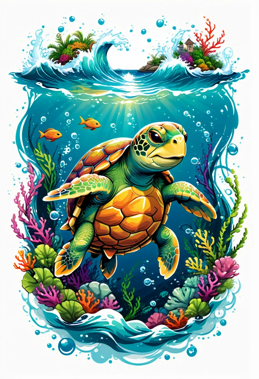  t-shirt designs, vectorial art, colorful illustration of a smiling turtle, At the center, swirly vibrant colors, sea waves, air bubbles, seaweed, Buzios, high détail, White background, t shirt design.
(Artwork, best quality, proffesional, perfect composition, very aesthetic, absurdrez, super verbose, Intricate details:1.3)