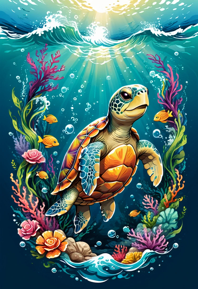  t-shirt designs, vectorial art, colorful illustration of a smiling turtle, At the center, swirly vibrant colors, sea waves, air bubbles, seaweed, Buzios, high détail, White background, t shirt design.
(Artwork, best quality, proffesional, perfect composition, very aesthetic, absurdrez, super verbose, Intricate details:1.3)