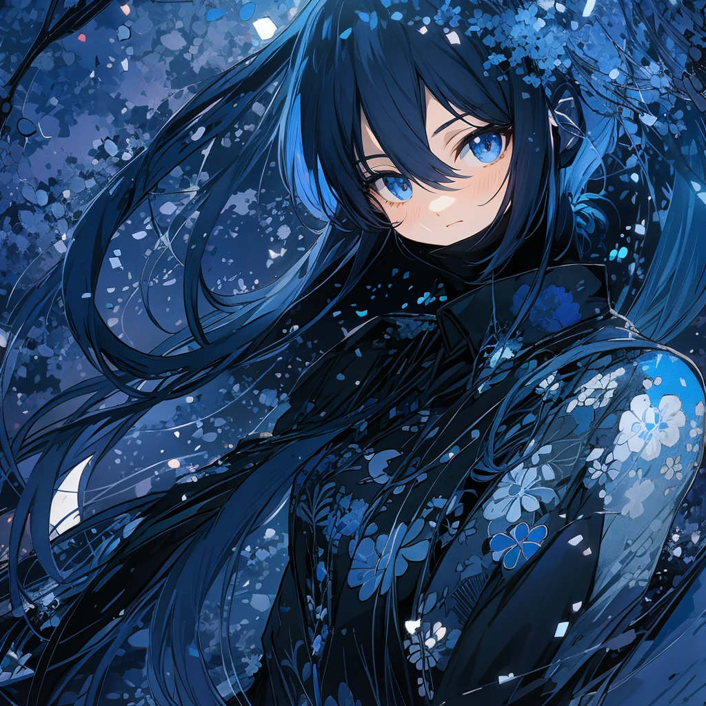 Anime style、Blue tint、Long hair、Black clothing、Mysterious atmosphere。