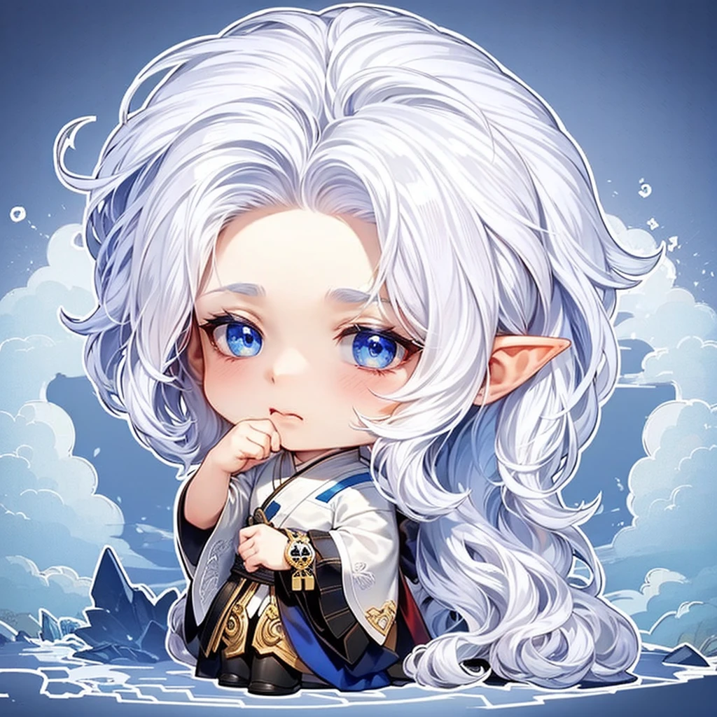 Chibi character pixel art, ((male)), 1 man, long white hair, white braided hair, ponytail, pointed elf ears, elf male, forehead, blue eyes, Chibi style, high quality pixel art, Gege Akutami, photography, beautiful , colorful, realistic, masterpieces, top quality, best quality, official art, beautiful and aesthetic, black kimono, perfect anatomy, mini custom chibi, snowy landscape, snowfall, gloomy,