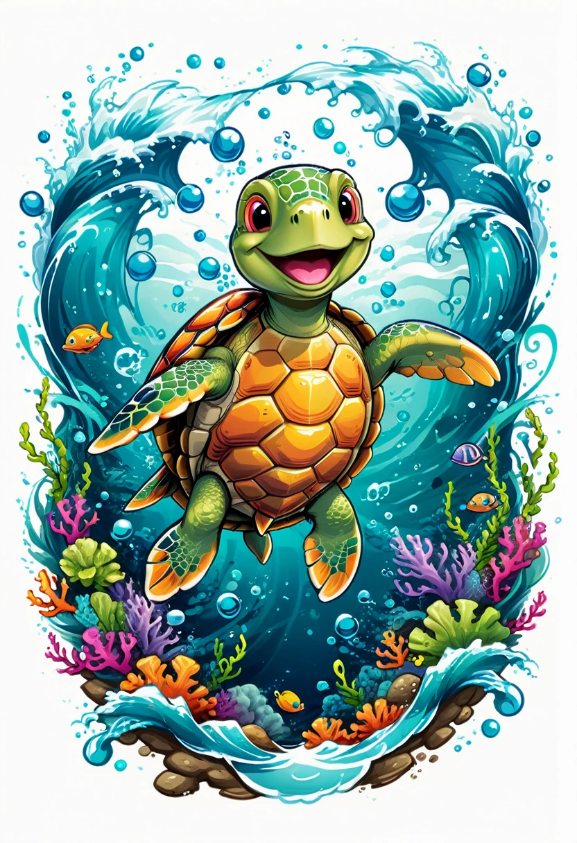  T-shirt designs, vectorial art, colorful illustration of a smiling turtle, At the center, swirly vibrant colors, sea waves, air bubbles, seaweed, Buzios, high détail, White background, t shirt design.
(work of art, best qualityer, proffesional, perfect composition, very aesthetic, absurdrez, super verbose, details Intricate:1.3)