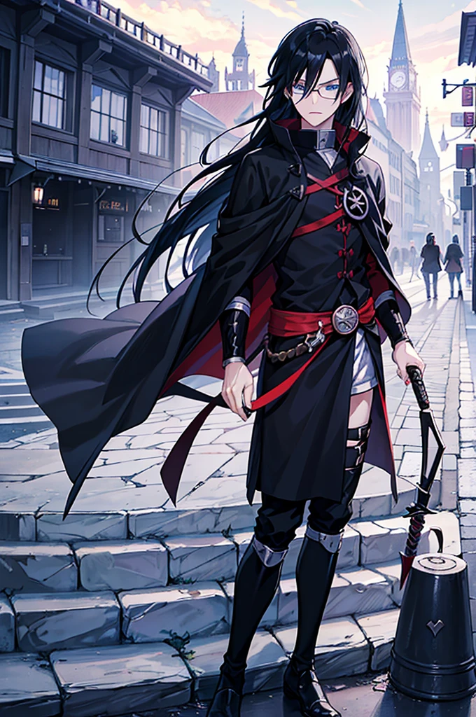 young, magician, long black hair, blue eyes, wears glasses, wears black magician's clothes, hair like Sasuke Uchiha's, long hair, cold and intellectual personality. Manly, medieval city background, adventurous magician.