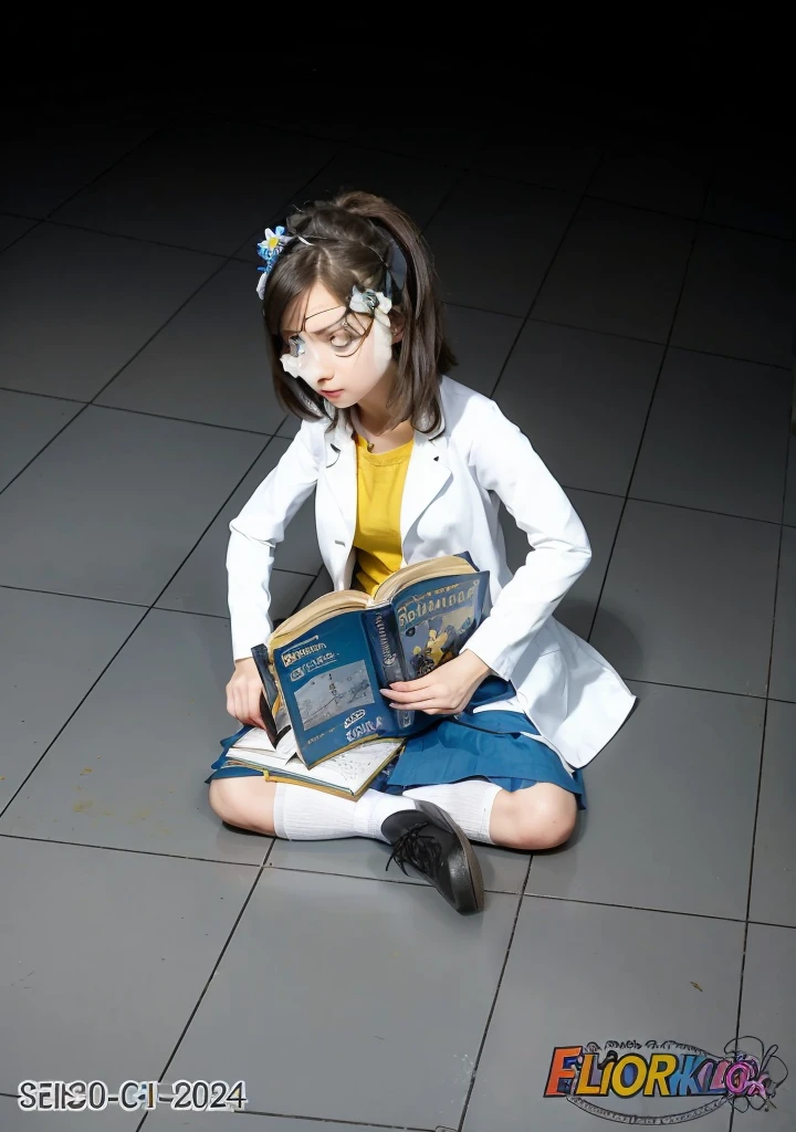 Girl, dark hair, blue eyes, flower hairpin, white lab coat, yellow shirt, blue skirt, black shoes, white socks, dark blue calculus book,writing,studying on the floor, half dark room