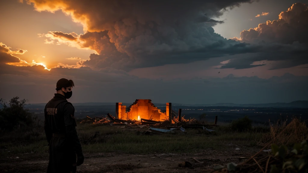 Illustrate a twilight scene in an apocalyptic world where the last light of the setting sun casts a warm glow over the ruins. A solitary figure in a black outfit and mask stands on a hill, overlooking the devastated landscape. The sky transitions from orange to deep blue, with dark clouds gathering. Overgrown plants and debris litter the ground. The atmosphere is serene yet somber, symbolizing the fading of memories and hope.8k