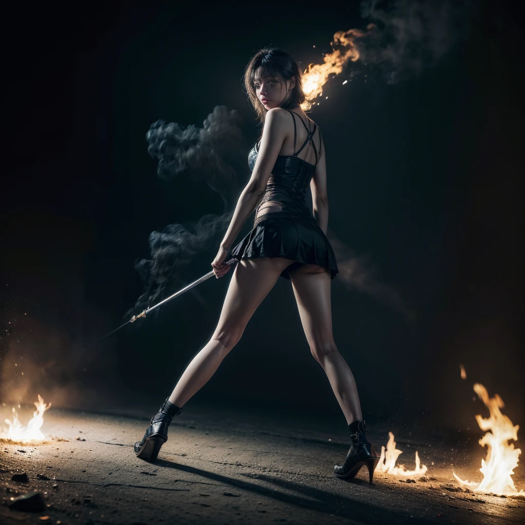 A medieval Goddess warrior fighting in the battlefield, dressed in black, laced dress, torn dress, full body, work of malediction and death, The Great One of the Night of Time, stand up and shout. Dominant pose. Realistic hands. Ball of fire in hand. [The character is surrounded by mist, evoking a mysterious and eerie atmosphere. The lighting is dark and atmospheric, with smoke adding a touch of sinister ambiance. Best quality image, HDR enhancement, showcasing the utmost level of detail and realism, full body shot:1.5]. [8K, Best Quality, Ultra High Resolution, (highly detailed CG unity 8k wallpaper), (best photo), cry, (best shadows), isometric 3D, octane rendering, ray tracing, highly detailed, (Best quality, 4K, 8k:1.2), absurdity, ultra detailed, (realistic, photorealistic, photorealistic:1.37), complex parts, HDR, (complex parts:1.12), (hyper detailed, hyper realistic, Soft lighting, spicy:1.2), (complex parts, Hyper detailed:1.15). Blurred foreground. (backlit), masterpiece, high quality, brightness, chromatic aberration, foggy smoke, shadows, contrast, clear sky, (warm hue, warm tone), high details, natural reflections]. (YES SFW)