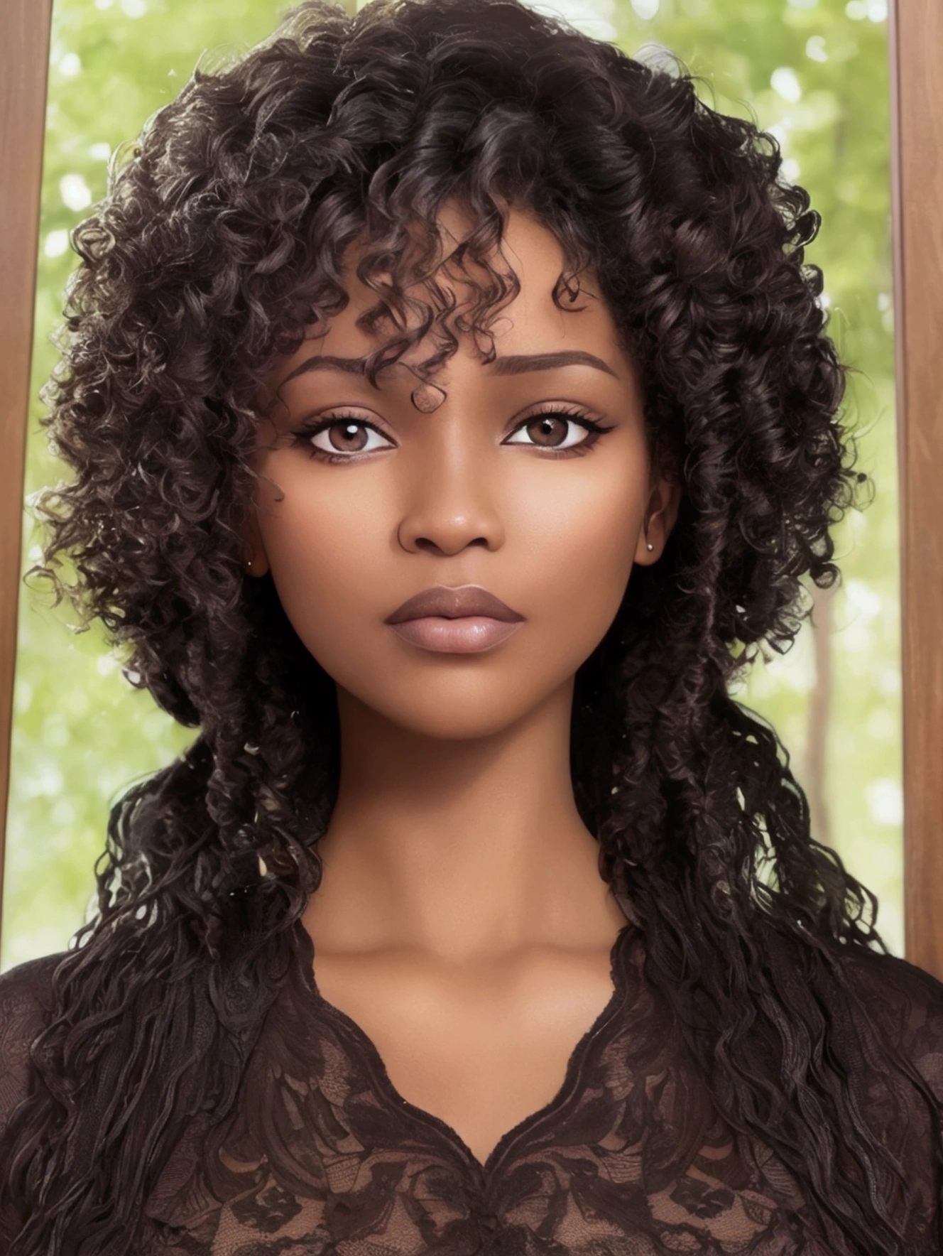 woman's face 
black, dark skin color, curly hair, age 50 years old, pensive, reflecting, looking at the forest