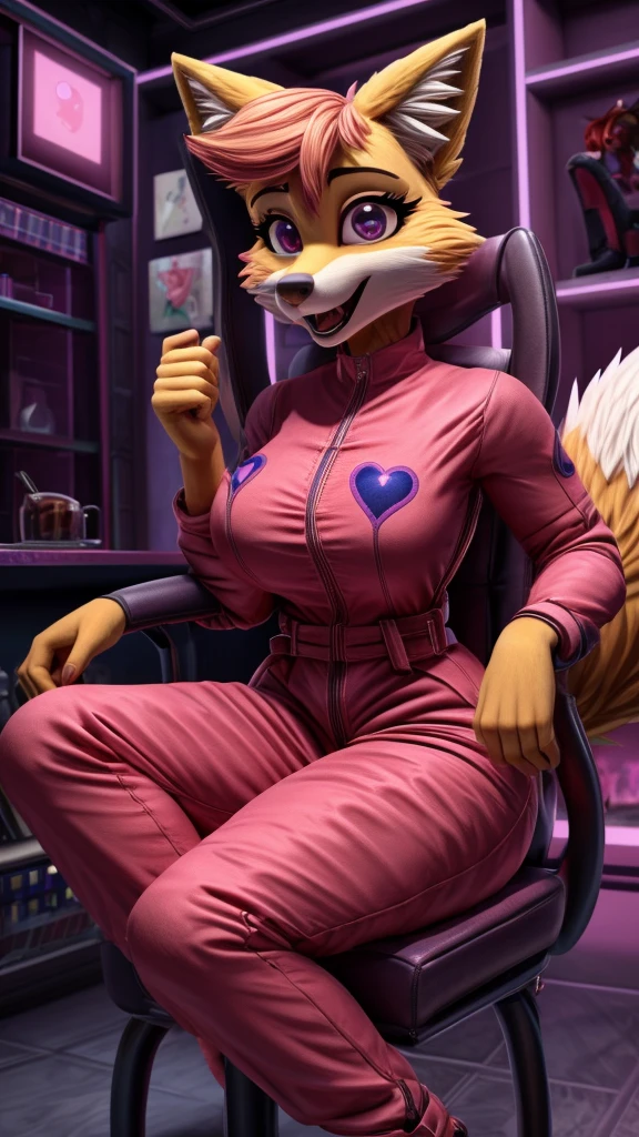 Skye from Paw Patrol, as a female fox, anthro, mature adult, mommy, tall, massive female, pink combat jumpsuit, tied up on a chair, lovey dovey eyes, lovestruck, yandere, crazy, detailed, solo, beautiful, high quality, 4K