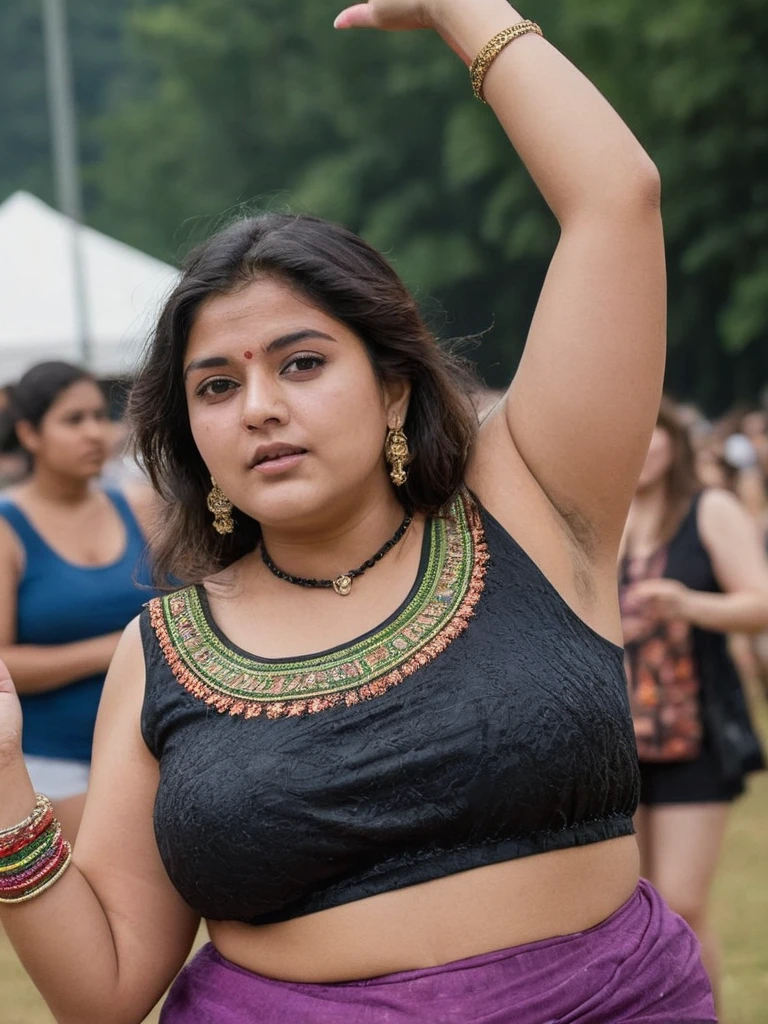 A 45 years indian women wearing sleeveless blouse, chubby underarms, chubby arms, display underarms, dancing arms outstretched at an outdoor music festival ,after dropping acid, sky is a psychedelic acid trip, hairy armpits, unshaved legs, unshaved pussy , hairy pussy, (upskirt:1.1), no panties, photo, from a distance, Perfect Eyes, (highly detailed skin:1.1), professional photoshoot, Intricate details, RAW, analog style, sharp focus, 8k, high resolution, dslr, (Use Dream Diffusion Secret Prompt)