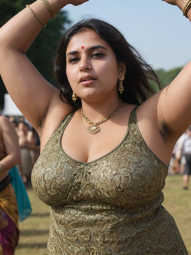 A 45 years indian women wearing sleeveless blouse, chubby underarms, chubby arms, display underarms, dancing arms outstretched at an outdoor music festival ,after dropping acid, sky is a psychedelic acid trip, hairy armpits, unshaved legs, unshaved pussy , hairy pussy, (upskirt:1.1), no panties, photo, from a distance, Perfect Eyes, (highly detailed skin:1.1), professional photoshoot, Intricate details, RAW, analog style, sharp focus, 8k, high resolution, dslr, (Use Dream Diffusion Secret Prompt)