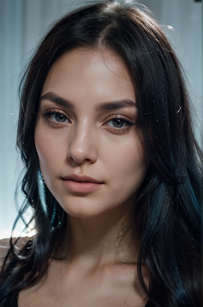 A girl with long blue hair. Her face is exquisite, with high cheekbones and smooth fair skin. Her large black eyes, framed by long thick eyelashes, are impressive and expressive, radiating calmness and confidence. Well-defined eyebrows curve gracefully above her eyes, adding intensity to her gaze. She has a small, straight nose and full, slightly parted lips that curve into a slight smile, revealing hints of mischief and allure. Her sharp, well-defined jawline gives her face a refined and elegant appearance. Blue tones, rainbow gradient, light beam, underwater