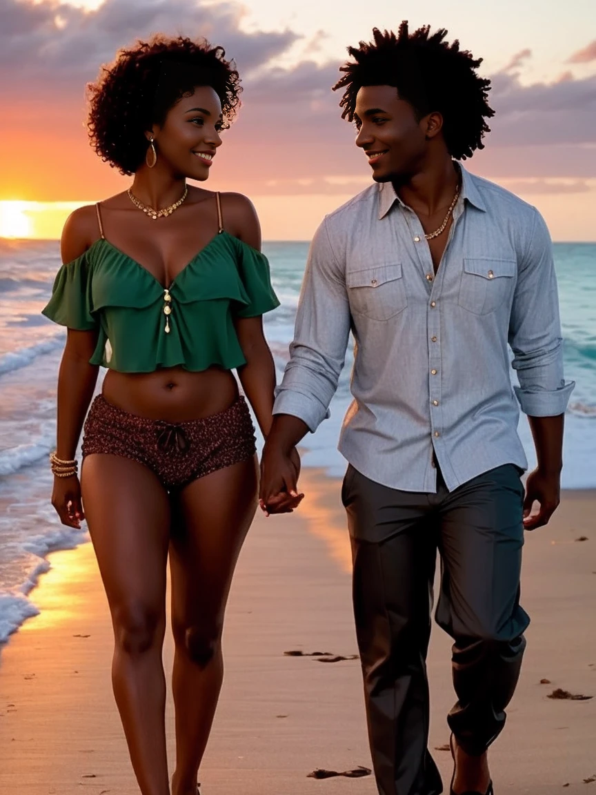 A pretty woman, green eyes, chocolate skin, curly hair, walking on the beach with a handsome African American man, summer sunset