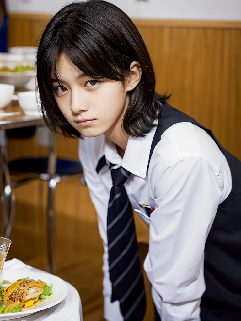 Black Hair, Slanted Eyes, Food, Gaze,uniform, One boy brown hair, Blonde,
