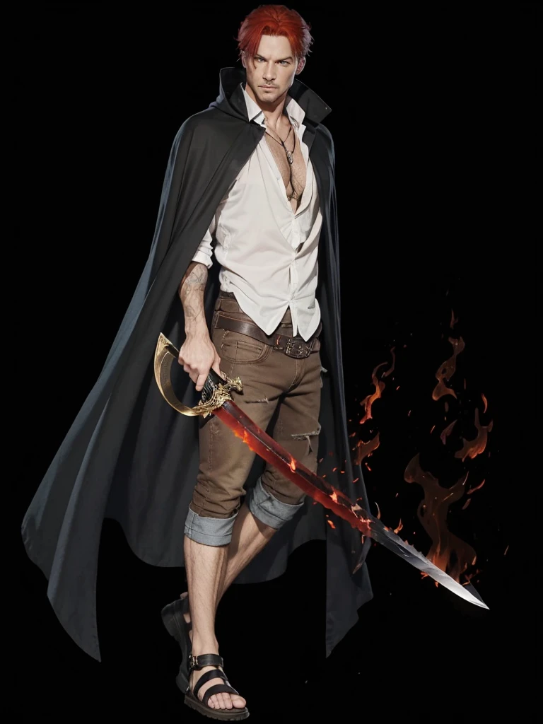 A man with red hair, with a black cape, in white shirt, com short jeans marron, holding in his hand a sword with flaming black fire