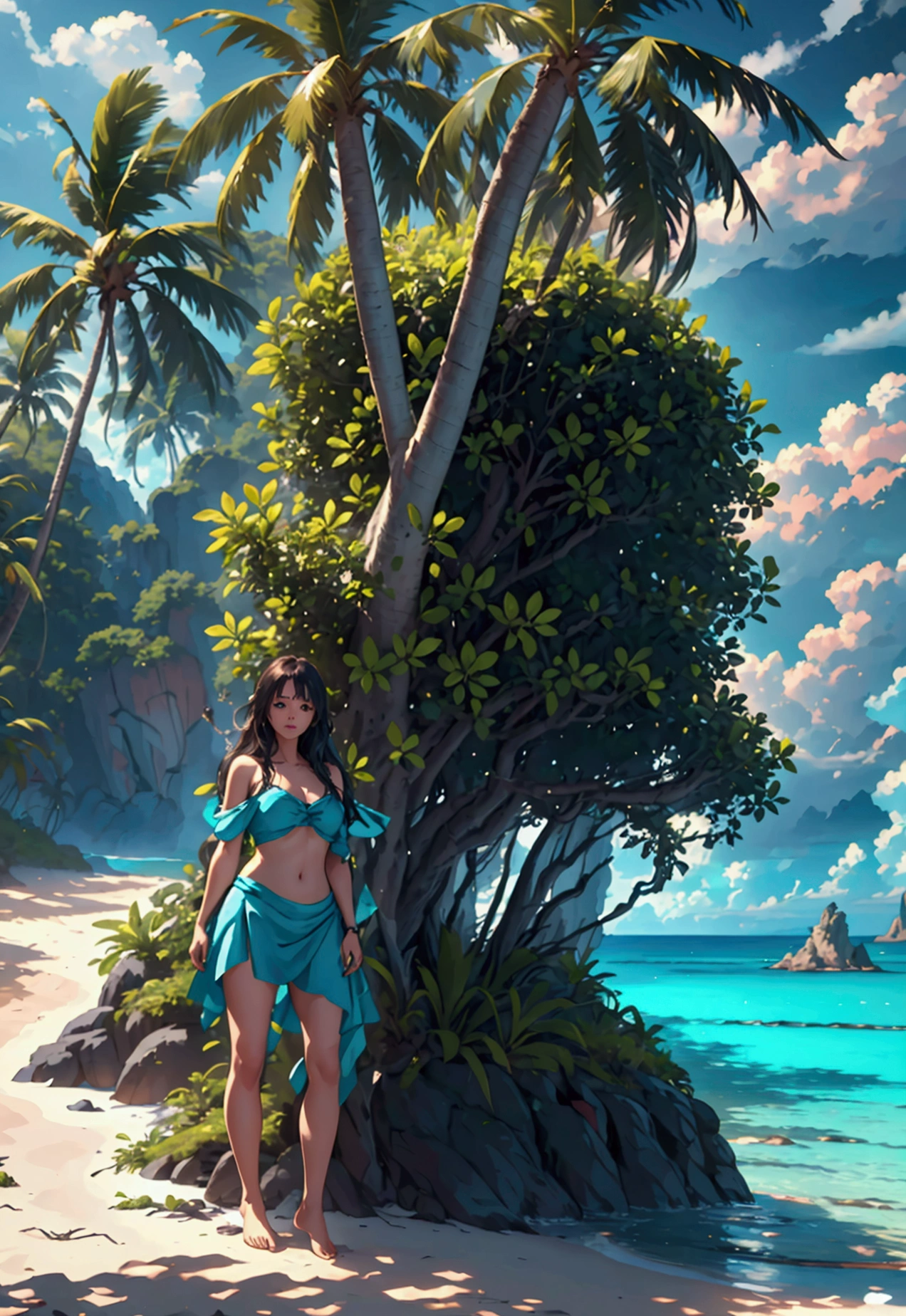 a tranquil island landscape, a remote tropical paradise, lush green foliage, pristine white sandy beaches, crystal clear turquoise waters, swaying palm trees, dramatic cliffs and rock formations, a small rustic village nestled in the hills, overcast skies with dramatic lighting, birds soaring overhead, a sense of isolation and untouched natural beauty, (best quality,4k,8k,highres,masterpiece:1.2),ultra-detailed,(realistic,photorealistic,photo-realistic:1.37),landscape,cinematic,vivid colors,natural lighting,atmospheric