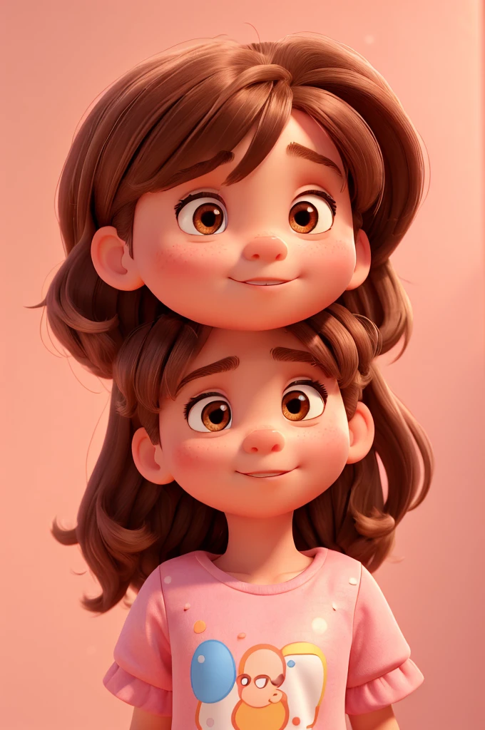 A 4  girl, fair skin, rectangular face, big brown eyes, messy long light brown hair with bangs, round medium cheeks, small nose, pink dress, red sneakers, pixar style, 3D, detailed face, 16k, asymmetrical, background transparent