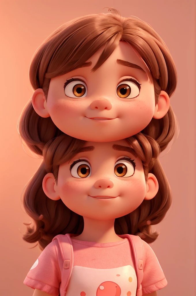 A 4 year old girl, fair skin, rectangular face, big brown eyes, messy long light brown hair with bangs, round medium cheeks, small nose, pink dress, red sneakers, pixar style, 3D, detailed face, 16k, asymmetrical, background transparent