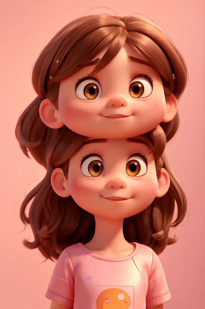 A 4  girl, fair skin, rectangular face, big brown eyes, messy long light brown hair with bangs, round medium cheeks, small nose, pink dress, red sneakers, pixar style, 3D, detailed face, 16k, asymmetrical, background transparent